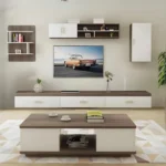 طقم طاولة تلفاز خشبية مع طاولة وسط وخزانتين ورفوف تعلق على الحائط (225)