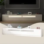 طاولة تلفاز خشبية بخزائن ورفوف مع إضاءة مدمجة