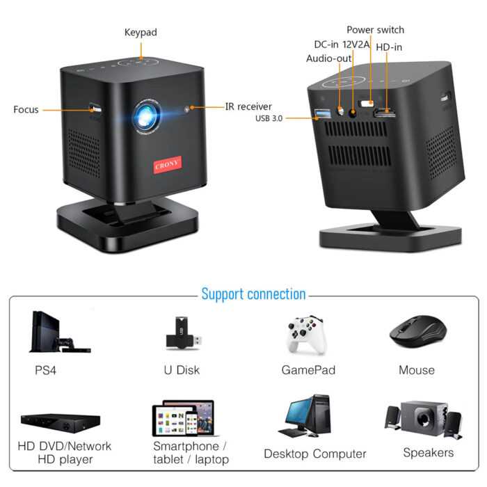 ⁦جهاز عرض ذكي ثلاثي الأبعاد بروجكتور – DLP بنظام Android | محمول، بلوتوث، Wi-Fi، دعم 1080p⁩ - الصورة ⁦2⁩