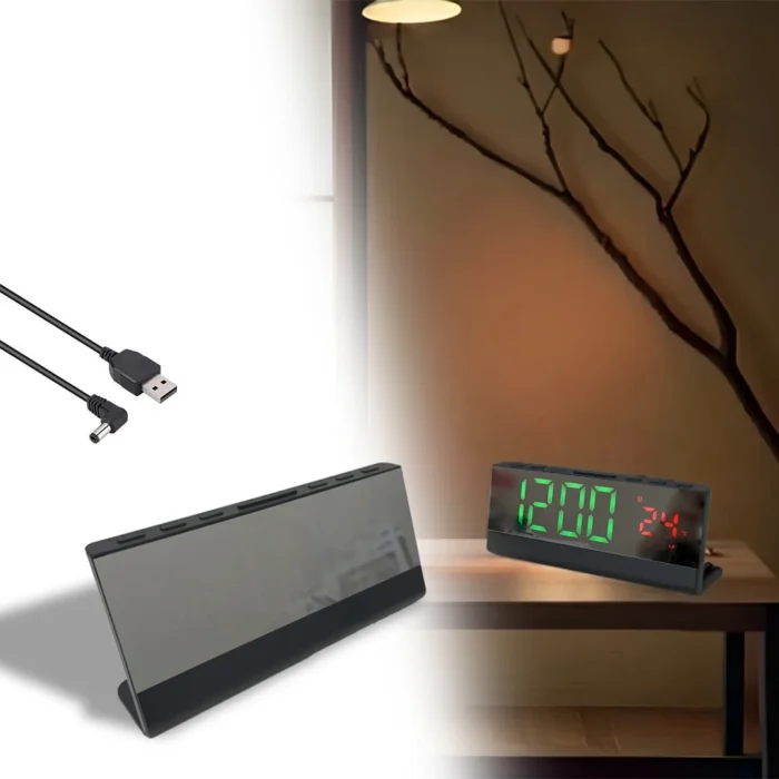 ساعة مرآة LED رقمية – منبه مزدوج، عرض حرارة وتاريخ بتصميم عصري أنيق
