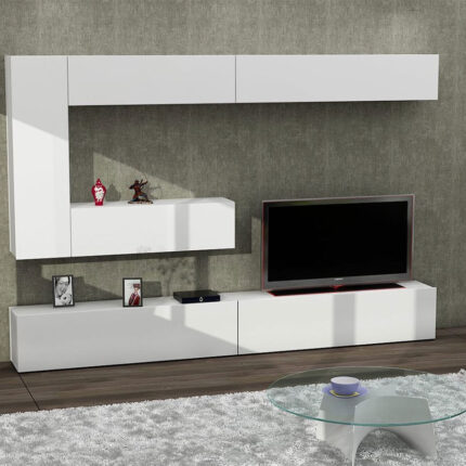 طاولة تلفزيون أبيض تصميم حديث مع 6 أبواب + خزائن حائط