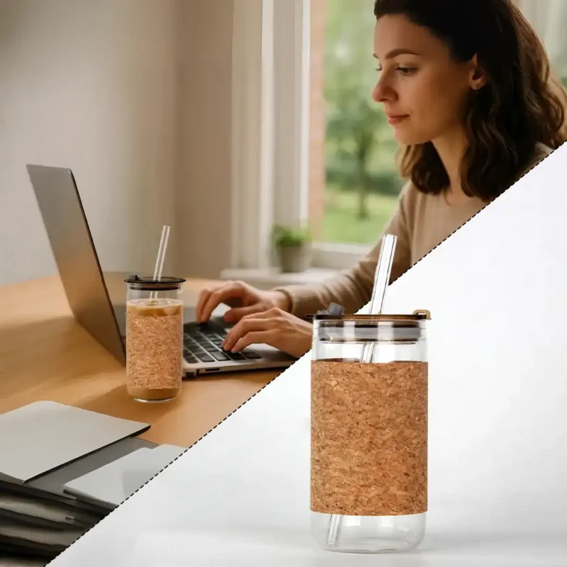كوب زجاجي مع مصاصة زجاجية وغطاء فلين – 410ml