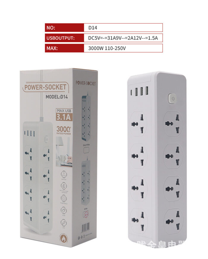 ⁦موزع طاقة عمودي بقدرة 3000 واط مع 10 منافذ + 4 USB سلك طوله 2 متر⁩ - الصورة ⁦2⁩