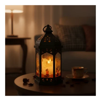 فانوس رمضان معدني مزخرف بإضاءة LED دافئة