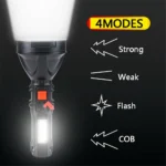 ⁦كشاف يدوي LED قابل للشحن – إضاءة قوية بعيدة المدى مع 4 أوضاع⁩ - الصورة ⁦5⁩