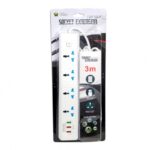وصلة كهرباء 4 مخارج مع 3 USB بطول 3 متر – حماية من الحمل الزائد