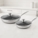 مقلاة ستانلس ستيل ثلاثية الطبقات PFAS Free مع غطاء زجاجي مقاسات متعددة